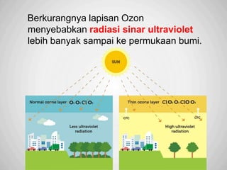 Sp
Berkurangnya lapisan Ozon
menyebabkan radiasi sinar ultraviolet
lebih banyak sampai ke permukaan bumi.
 