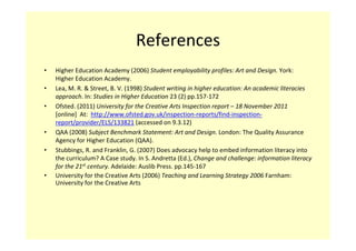 References
•   Higher Education Academy (2006) Student employability profiles: Art and Design. York: 
    Higher Education Academy. 
•   Lea, M. R. & Street, B. V. (1998) Student writing in higher education: An academic literacies 
    approach. In: Studies in Higher Education 23 (2) pp.157‐172
•   Ofsted. (2011) University for the Creative Arts Inspection report – 18 November 2011 
    [online] At: http://www.ofsted.gov.uk/inspection‐reports/find‐inspection‐
    report/provider/ELS/133821 (accessed on 9.3.12)
•   QAA (2008) Subject Benchmark Statement: Art and Design. London: The Quality Assurance 
    Agency for Higher Education (QAA). 
•   Stubbings, R. and Franklin, G. (2007) Does advocacy help to embed information literacy into 
    the curriculum? A Case study. In S. Andretta (Ed.), Change and challenge: information literacy 
    for the 21st century. Adelaide: Auslib Press. pp.145‐167
•   University for the Creative Arts (2006) Teaching and Learning Strategy 2006 Farnham: 
    University for the Creative Arts
 
