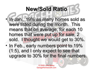 New/Sold Ratio In Jan., 19% as many homes sold as were listed during the month.  This means that on average, for each 10 homes that were put up for sale, 2 sold.  I thought we would get to 30%. In Feb., early numbers point to 19% (1:5), and I only expect to see that upgrade to 30% for the final numbers.  