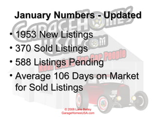 January Numbers - Updated 1953 New Listings 370 Sold Listings 588 Listings Pending Average 106 Days on Market for Sold Listings 