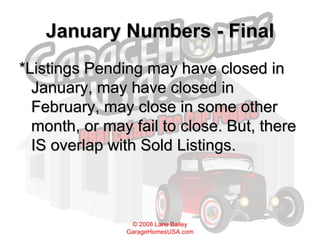 January Numbers - Final *Listings Pending may have closed in January, may have closed in February, may close in some other month, or may fail to close. But, there IS overlap with Sold Listings. 