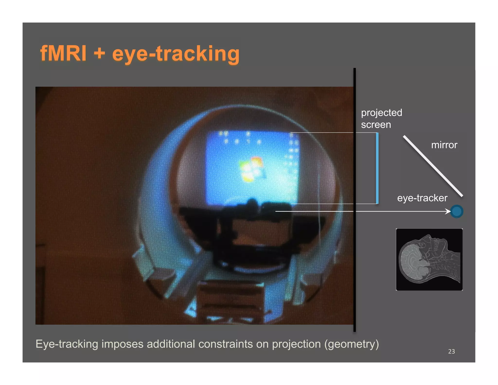fMRI + eye-tracking

                                                                projected
                                                                screen

                                                                              mirror




                                                                       eye-tracker




Eye-tracking imposes additional constraints on projection (geometry)
                                                                                     23	
  
 