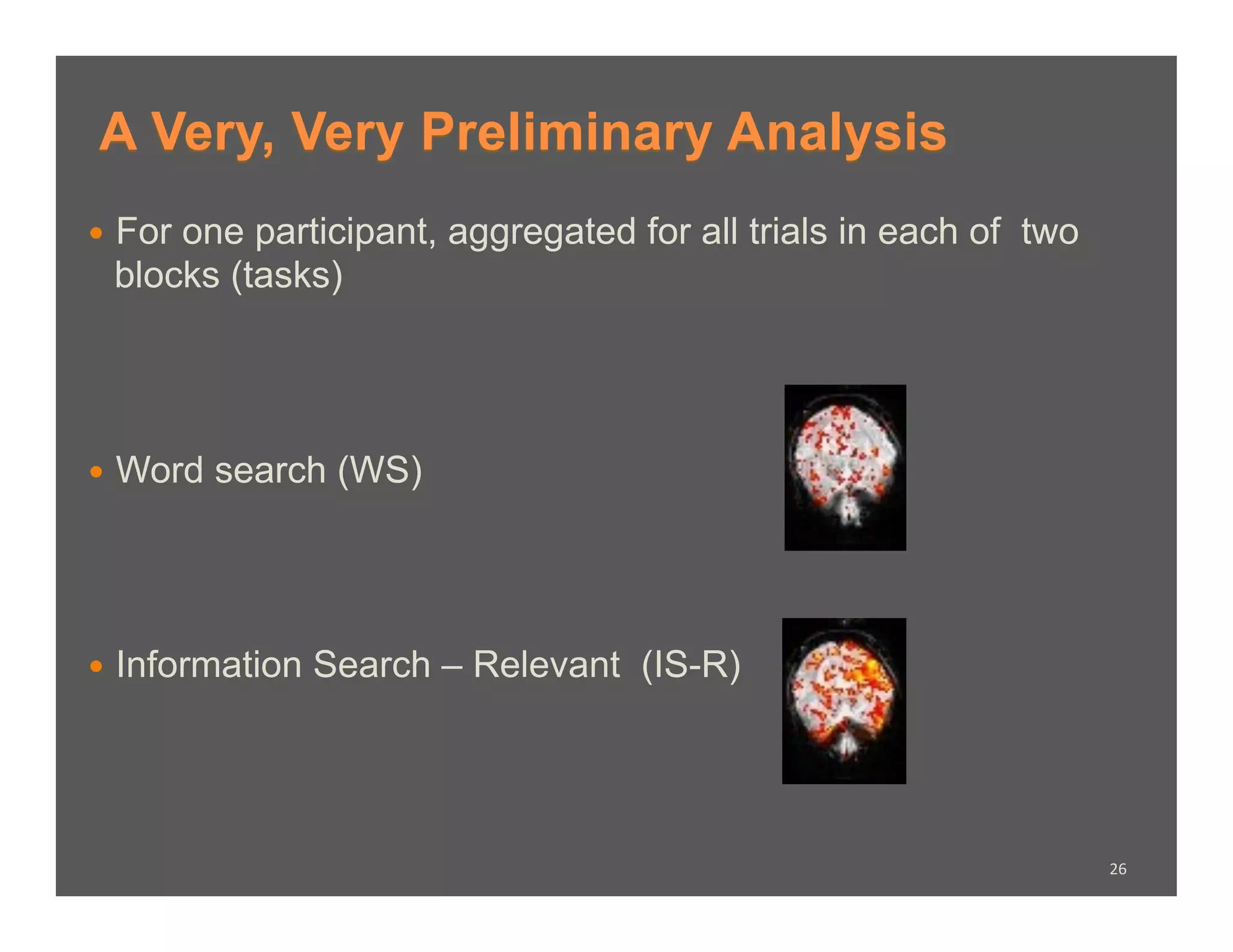 A Very, Very Preliminary Analysis
  For
     one participant, aggregated for all trials in each of two
 blocks (tasks)




  Word   search (WS)




  Information   Search – Relevant (IS-R)




                                                                 26	
  
 