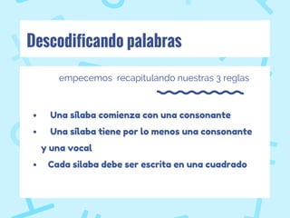 Descodificando palabras
empecemos recapitulando nuestras 3 reglas
Una sílaba comienza con una consonante
Una sílaba tiene por lo menos una consonante
y una vocal
Cada silaba debe ser escrita en una cuadrado
 