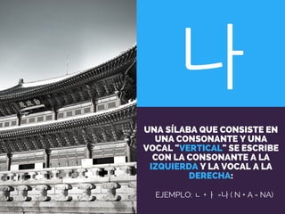 나
UNA SÍLABA QUE CONSISTE EN
UNA CONSONANTE Y UNA
VOCAL "VERTICAL" SE ESCRIBE
CON LA CONSONANTE A LA
IZQUIERDA Y LA VOCAL A LA
DERECHA:
EJEMPLO: ㄴ + ㅏ =나 ( N + A = NA)
 