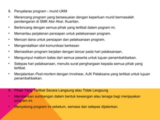 8. Penyelaras program - murid UKM
• Merancang program yang bersesuaian dengan keperluan murid bermasalah
pendengaran di SMK Alor Akar, Kuantan.
• Berbincang dengan semua pihak yang terlibat dalam pogram ini.
• Memantau perjalanan persiapan untuk pelaksanaan program.
• Mencari dana untuk persiapan dan pelaksanaan program.
• Mengendalikan slot komunikasi berkesan
• Memastikan program berjalan dengan lancar pada hari pelaksanaan.
• Mengumpul maklum balas dari semua peserta untuk tujuan penambahbaikan.
• Selepas hari pelaksanaan, menulis surat penghargaan kepada semua pihak yang
terlibat.
• Menjalankan Post-mortem dengan Innohear, AJK Pelaksana yang terlibat untuk tujuan
penambahbaikan.
9. Pihak Yang Terlibat Secara Langsung atau Tidak Langsung
• Memberikan sumbangan dalam bentuk kewangan atau tenaga bagi menjayakan
program ini.
• Menyokong program ini sebelum, semasa dan selepas dijalankan.
 