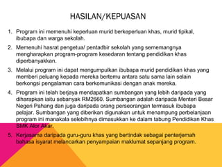 HASILAN/KEPUASAN
1. Program ini memenuhi keperluan murid berkeperluan khas, murid tipikal,
ibubapa dan warga sekolah.
2. Memenuhi hasrat pengetua/ pentadbir sekolah yang sememangnya
mengharapkan program-program kesedaran tentang pendidikan khas
diperbanyakkan.
3. Melalui program ini dapat mengumpulkan ibubapa murid pendidikan khas yang
memberi peluang kepada mereka bertemu antara satu sama lain selain
berkongsi pengalaman cara berkomunikasi dengan anak mereka.
4. Program ini telah berjaya mendapatkan sumbangan yang lebih daripada yang
diharapkan iaitu sebanyak RM2660. Sumbangan adalah daripada Menteri Besar
Negeri Pahang dan juga daripada orang perseorangan termasuk ibubapa
pelajar. Sumbangan yang diberikan digunakan untuk menampung perbelanjaan
program ini manakala selebihnya dimasukkan ke dalam tabung Pendidikan Khas
SMK Alor Akar.
5. Kerjasama daripada guru-guru khas yang bertindak sebagai penterjemah
bahasa isyarat melancarkan penyampaian maklumat sepanjang program.
 