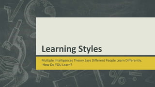 Learning Styles
Multiple Intelligences Theory Says Different People Learn Differently.
-How Do YOU Learn?
 