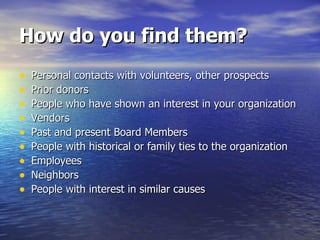 How do you find them? Personal contacts with volunteers, other prospects Prior donors People who have shown an interest in your organization Vendors Past and present Board Members People with historical or family ties to the organization Employees Neighbors People with interest in similar causes 