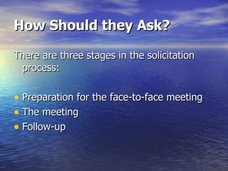 How Should they Ask? There are three stages in the solicitation process: Preparation for the face-to-face meeting The meeting Follow-up 