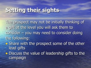 Setting their sights The prospect may not be initially thinking of a gift at the level you will ask them to consider – you may need to consider doing the following: Share with the prospect some of the other lead gifts Discuss the value of leadership gifts to the campaign 