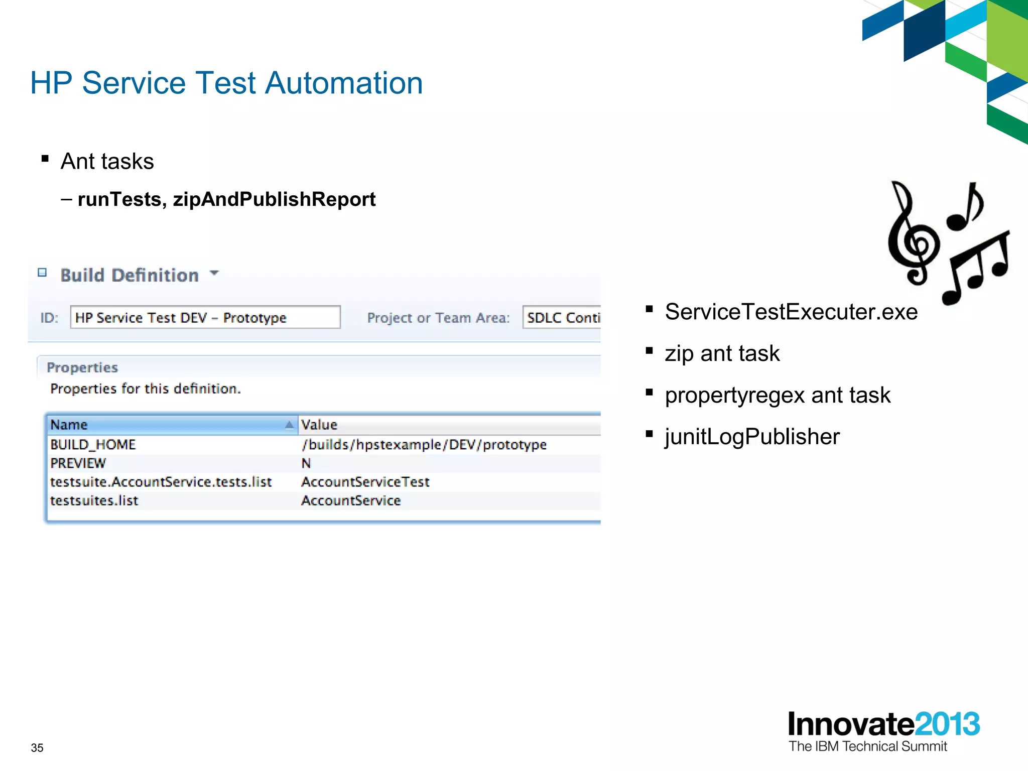 HP Service Test Automation
35
 Ant tasks
– runTests, zipAndPublishReport
 ServiceTestExecuter.exe
 zip ant task
 propertyregex ant task
 junitLogPublisher
 