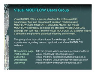 Visual MODFLOW Users Group

Visual MODFLOW is a proven standard for professional 3D
groundwater flow and contaminant transport modeling using
MODFLOW-2000, MODPATH, MT3DMS AND RT3D. Visual
MODFLOW seamlessly combines the standard Visual MODFLOW
package with Win PEST and the Visual MODFLOW 3D-Explorer to give
a complete and powerful graphical modeling environment.

This group aims to provide a forum for exchange of ideas and
experiences regarding use and application of Visual MODFLOW
software.

Group home page   : http://in.groups.yahoo.com/group/visual-modflow/
Post message      : visual-modflow@yahoogroups.co.in
Subscribe         : visual-modflow-subscribe@yahoogroups.co.in
Unsubscribe       : visual-modflow-unsubscribe@yahoogroups.co.in
List owner         : visual-modflow-owner@yahoogroups.co.in
 