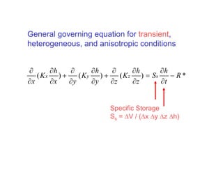 General governing equation for transient,
heterogeneous, and anisotropic conditions


∂      ∂h   ∂      ∂h   ∂       ∂h      ∂h
   ( Kx ) +    ( Ky ) +    ( K z ) = Ss    − R*
∂x     ∂x   ∂y     ∂y   ∂z      ∂z      ∂t


                        Specific Storage
                        Ss = ΔV / (Δx Δy Δz Δh)
 