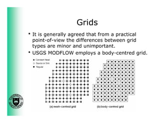 Grids
h It is generally agreed that from a practical
  point-of-view the differences between grid
  types are minor and unimportant.
h USGS MODFLOW employs a body-centred grid.
 