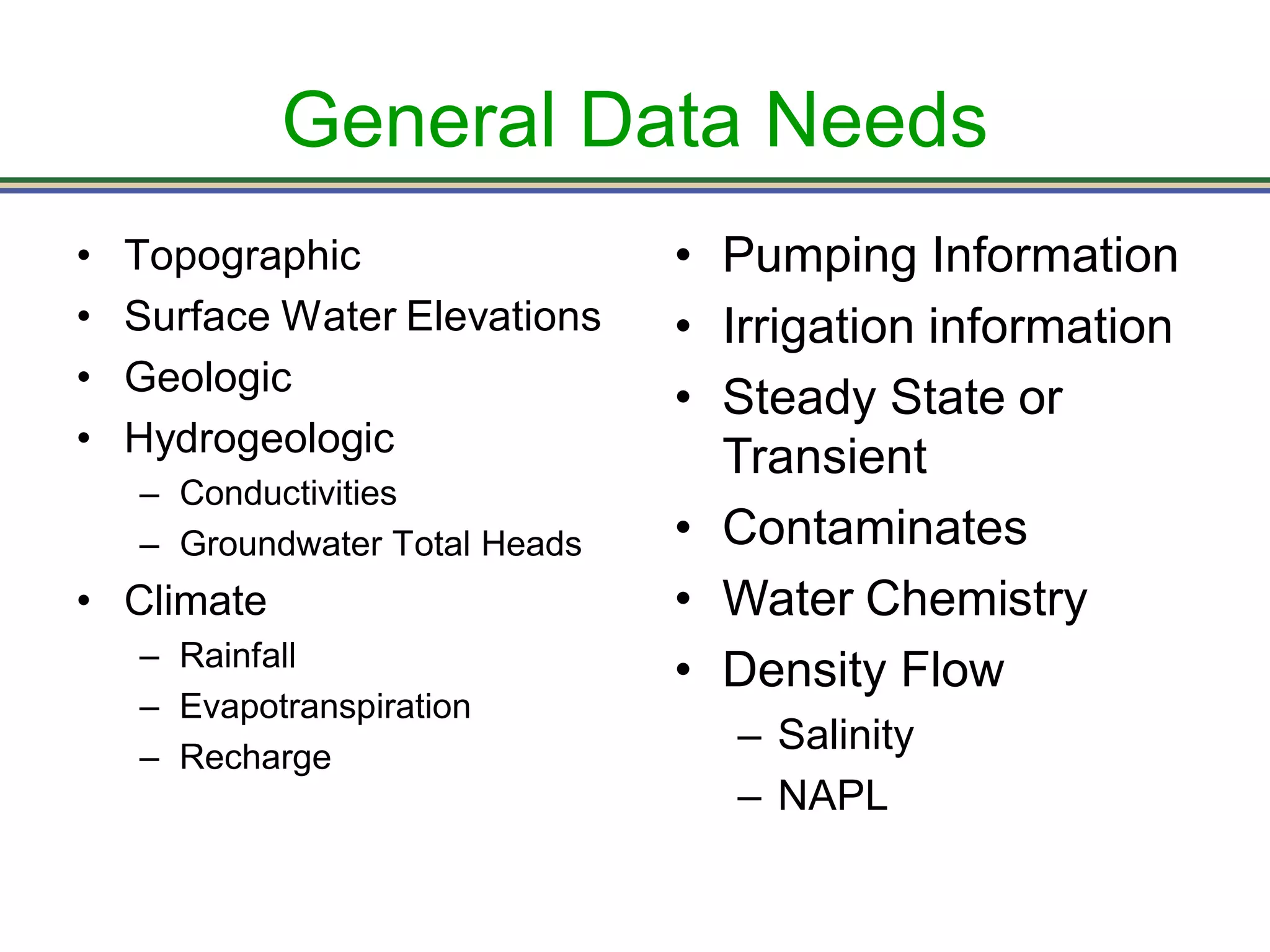 General Data Needs
• Topographic
• Surface Water Elevations
• Geologic
• Hydrogeologic
– Conductivities
– Groundwater Total Heads
• Climate
– Rainfall
– Evapotranspiration
– Recharge
• Pumping Information
• Irrigation information
• Steady State or
Transient
• Contaminates
• Water Chemistry
• Density Flow
– Salinity
– NAPL
 