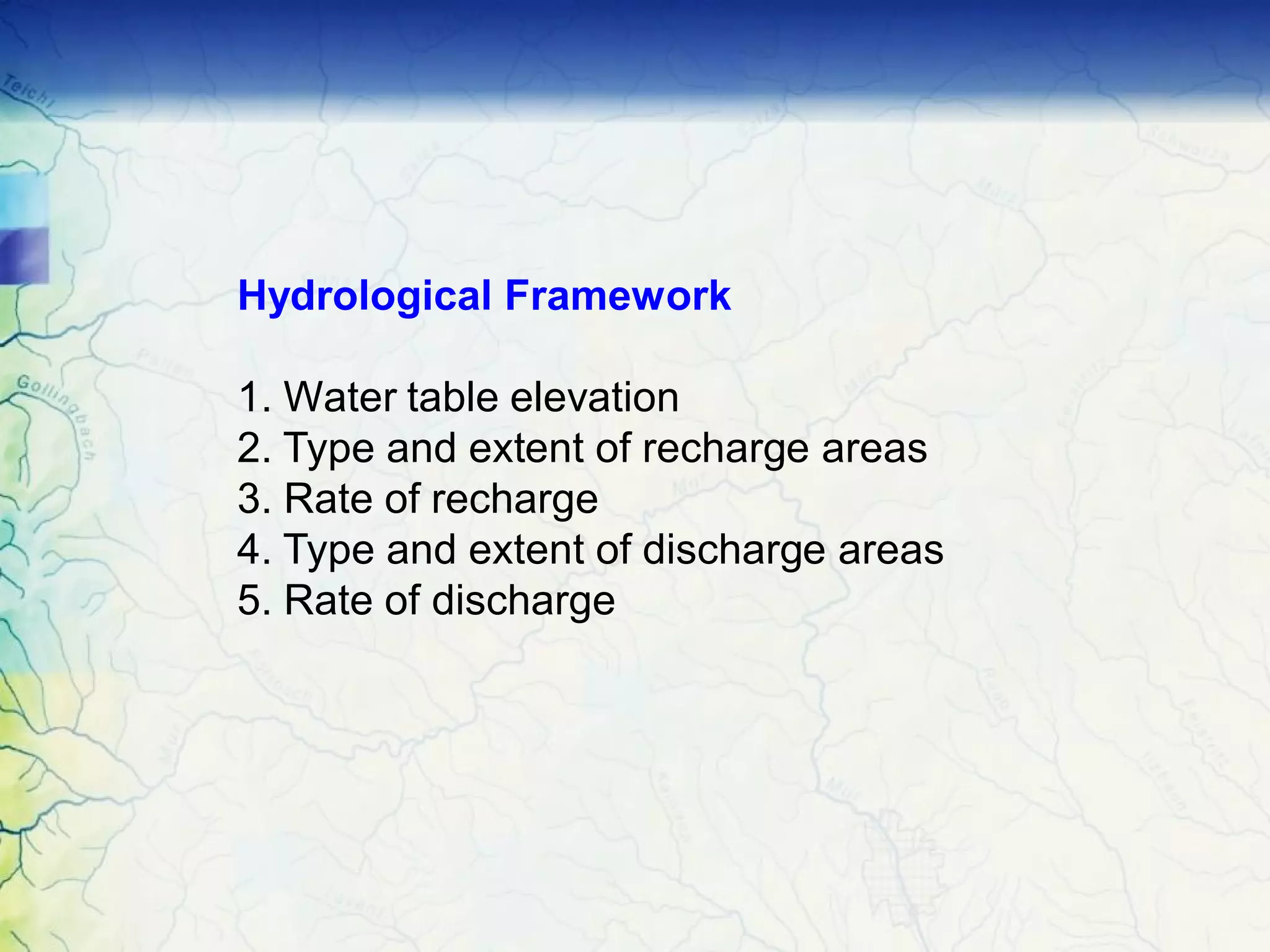 Hydrological Framework
1. Water table elevation
2. Type and extent of recharge areas
3. Rate of recharge
4. Type and extent of discharge areas
5. Rate of discharge
 
