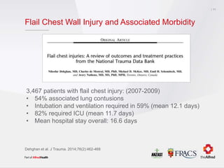 Flail Chest Wall Injury and Associated Morbidity
11
3,467 patients with flail chest injury: (2007-2009)
• 54% associated lung contusions
• Intubation and ventilation required in 59% (mean 12.1 days)
• 82% required ICU (mean 11.7 days)
• Mean hospital stay overall: 16.6 days
Dehghan et al. J Trauma. 2014;76(2):462-468
 