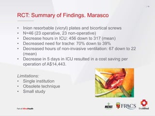 RCT: Summary of Findings. Marasco
• Inion resorbable (vicryl) plates and bicortical screws
• N=46 (23 operative, 23 non-operative)
• Decrease hours in ICU: 456 down to 317 (mean)
• Decreased need for trache: 70% down to 39%
• Decreased hours of non-invasive ventilation: 67 down to 22
(mean)
• Decrease in 5 days in ICU resulted in a cost saving per
operation of A$14,443.
18
Limitations:
• Single institution
• Obsolete technique
• Small study
 