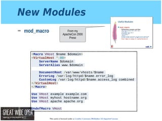 This work is licensed under a Creative Commons Attribution 3.0 Unported License.
New Modules
➡ mod_macro
<Macro VHost $name $domain>
<VirtualHost *:80>
ServerName $domain
ServerAlias www.$domain
DocumentRoot /var/www/vhosts/$name
ErrorLog /var/log/httpd/$name.error_log
CustomLog /var/log/httpd/$name.access_log combined
</VirtualHost>
</Macro>
Use VHost example example.com
Use VHost myhost hostname.org
Use VHost apache apache.org
UndefMacro VHost
From my
ApacheCon 2000
Preso
 