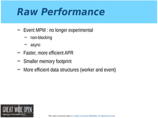 This work is licensed under a Creative Commons Attribution 3.0 Unported License.
Raw Performance
➡ Event MPM : no longer experimental
➡ non-blocking
➡ async
➡ Faster, more efficient APR
➡ Smaller memory footprint
➡ More efficient data structures (worker and event)
 