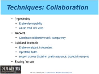 This work is licensed under a Creative Commons Attribution 3.0 Unported License.
Techniques: Collaboration
➡ Repositories
➡ Enable discoverability
➡ All can read, limit write
➡ Trackers
➡ Coordinate collaborative work, transparency
➡ Build and Test tools
➡ Enable consistent, independent
➡ repeatable builds
➡ support process discipline, quality assurance, productivity,ramp-up
➡ Sharing / re-use
 