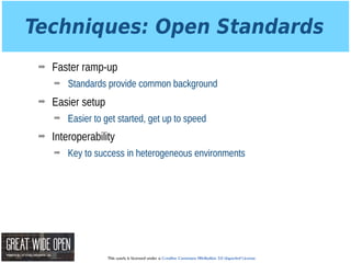 This work is licensed under a Creative Commons Attribution 3.0 Unported License.
Techniques: Open Standards
➡ Faster ramp-up
➡ Standards provide common background
➡ Easier setup
➡ Easier to get started, get up to speed
➡ Interoperability
➡ Key to success in heterogeneous environments
 