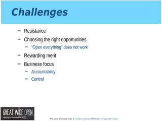 This work is licensed under a Creative Commons Attribution 3.0 Unported License.
Challenges
➡ Resistance
➡ Choosing the right opportunities
➡ “Open everything” does not work
➡ Rewarding merit
➡ Business focus
➡ Accountability
➡ Control
 