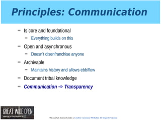 This work is licensed under a Creative Commons Attribution 3.0 Unported License.
Principles: Communication
➡ Is core and foundational
➡ Everything builds on this
➡ Open and asynchronous
➡ Doesn’t disenfranchise anyone
➡ Archivable
➡ Maintains history and allows ebb/flow
➡ Document tribal knowledge
➡ Communication ➾ Transparency
 