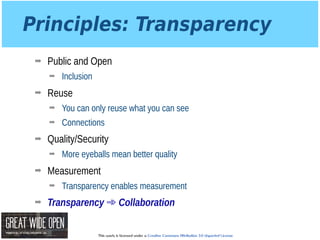 This work is licensed under a Creative Commons Attribution 3.0 Unported License.
Principles: Transparency
➡ Public and Open
➡ Inclusion
➡ Reuse
➡ You can only reuse what you can see
➡ Connections
➡ Quality/Security
➡ More eyeballs mean better quality
➡ Measurement
➡ Transparency enables measurement
➡ Transparency ➾ Collaboration
 