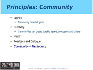 This work is licensed under a Creative Commons Attribution 3.0 Unported License.
Principles: Community
➡ Loyalty
➡ Community breeds loyalty
➡ Durability
➡ Communities can create durable assets, processes and culture
➡ Health
➡ Feedback and Dialogue
➡ Community ➾ Meritocracy
 