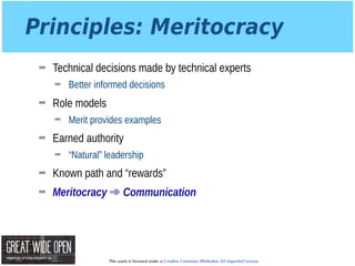 This work is licensed under a Creative Commons Attribution 3.0 Unported License.
Principles: Meritocracy
➡ Technical decisions made by technical experts
➡ Better informed decisions
➡ Role models
➡ Merit provides examples
➡ Earned authority
➡ “Natural” leadership
➡ Known path and “rewards”
➡ Meritocracy ➾ Communication
 
