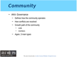 This work is licensed under a Creative Commons Attribution 3.0 Unported License.
Community
➡ AKA: Governance
➡ Defines how the community operates
➡ How conflicts are resolved
➡ Growth path of the community
➡ code
➡ members
➡ Again, 3 main types
 