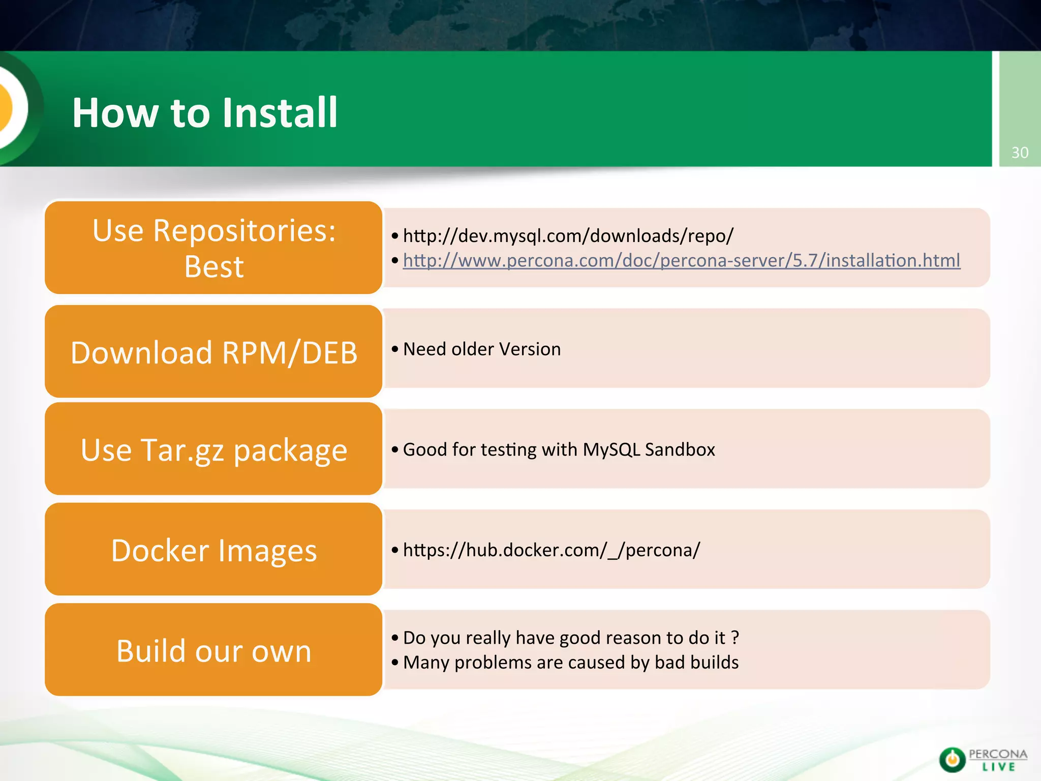 How  to  Install   • hup://dev.mysql.com/downloads/repo/   • hup://www.percona.com/doc/percona-­‐server/5.7/installa@on.html   Use  Repositories:   Best   • Need  older  Version    Download  RPM/DEB   • Good  for  tes@ng  with  MySQL  Sandbox  Use  Tar.gz  package   • hups://hub.docker.com/_/percona/  Docker  Images   • Do  you  really  have  good  reason  to  do  it  ?   • Many  problems  are  caused  by  bad  builds  Build  our  own   30   