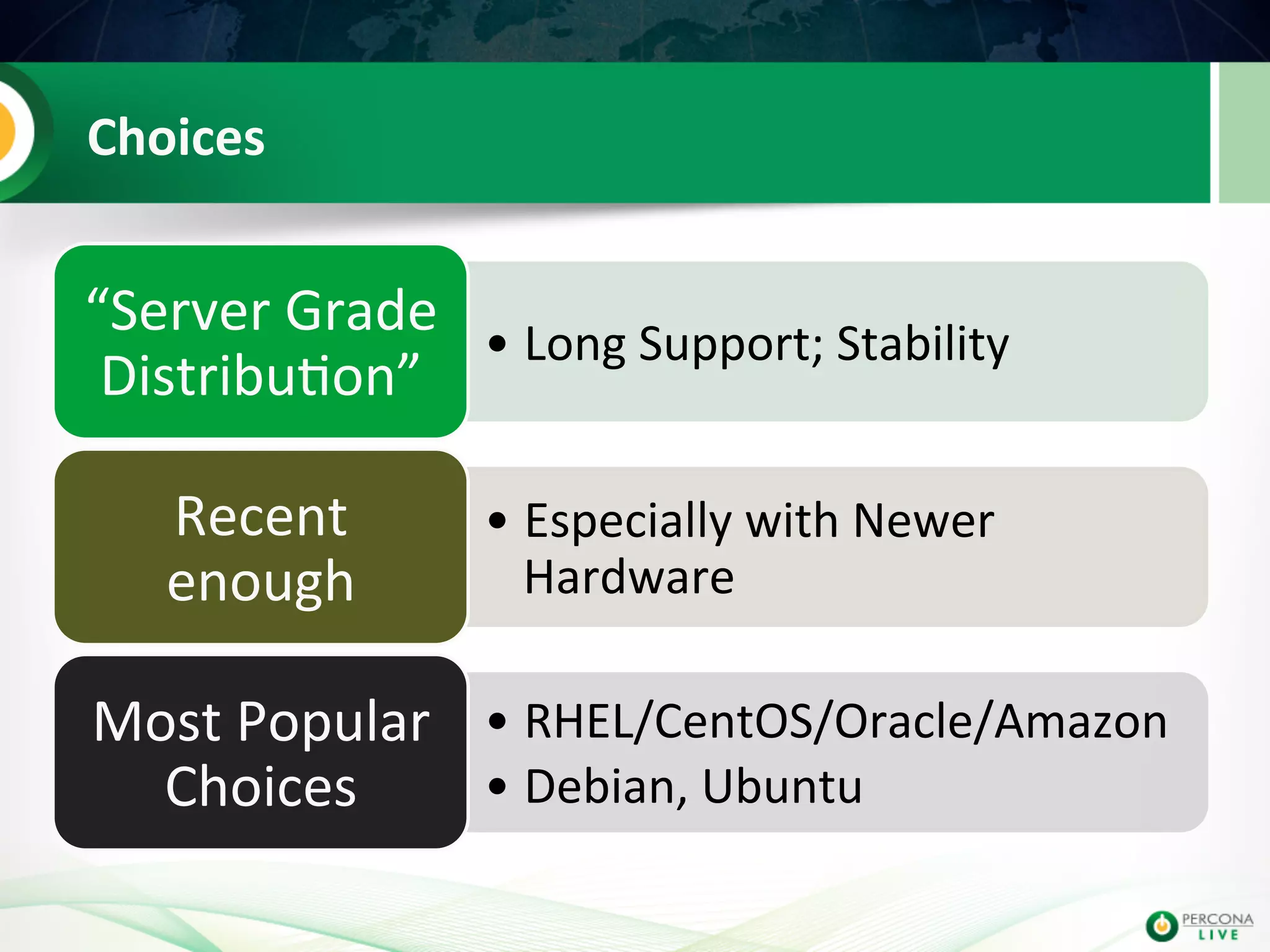 Choices   • Long  Support;  Stability   “Server  Grade   Distribu@on”   • Especially  with  Newer   Hardware   Recent   enough     • RHEL/CentOS/Oracle/Amazon   • Debian,  Ubuntu   Most  Popular   Choices   