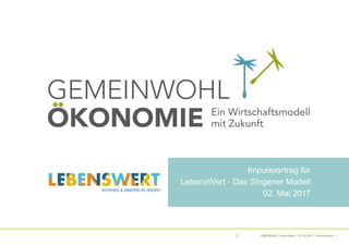 GWÖRGKN · LebensWert · 02.05.2017 · Präsentation · 1
DeR weG ZUR Gemeinwohl-BilAnZ
Impulsvortrag für
LebensWert - Das Singener Modell
02. Mai 2017
 