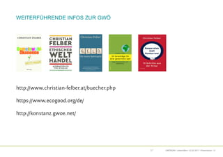 GWÖRGKN · LebensWert · 02.05.2017 · Präsentation · 21
weiterführende Infos zur GWÖ
http://www.christian-felber.at/buecher....