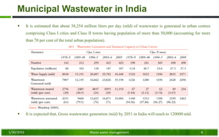 Municipal Wastewater in India
 It is estimated that about 38,254 million liters per day (mld) of wastewater is generated in urban centres
comprising Class I cities and Class II towns having population of more than 50,000 (accounting for more
than 70 per cent of the total urban population).
 It is expected that, Gross wastewater generation (mld) by 2051 in India will reach to 120000 mld.
1/30/2016 Waste water management 8
 
