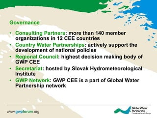 Governance Consulting Partners :  more than 140 member organizations in 12 C EE countries   Country Water Partnerships :  actively support the development of national policies Regional Council :  highest decision making body of GWP CEE   Secretariat :  hosted by Slovak Hydrometeorological Institute   GWP Network : GWP CEE is  a part of Global Water Partnership network 
