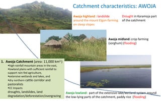 Awoja highland : landslide
around the mount Elgon-farming
on steep slopes
Awoja midland: crop farming
(sorghum) (flooding)
Awoja lowland: part of the extensive lake/wetland system around
the low-lying parts of the catchment, paddy rice (flooding)
Drought in Karamoja part
of the catchment
1. Awoja Catchment (area: 11,000 km2,)
high-rainfall mountain areas in the east,
lowland plains with sufficient rainfall to
support rain-fed agriculture,
extensive wetlands and lakes, and
dry northern cattle corridor and
pastoralists
CC Impacts
droughts, landslides, land
degradation/deforestation/overgrazing
Catchment characteristics: AWOJA
 