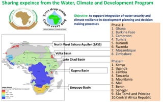North West Sahara Aquifer (SASS)
Volta Basin
Lake Chad Basin
Limpopo Basin
Kagera Basin
Sharing expeince from the Water, Climate and Development Program
Phase 1:
1. Ghana
2. Burkina Faso
3. Cameroon
4. Tunisia
5. Burundi
6. Rwanda
7. Mozambique
8. Zimbabwe
Phase II
1. Kenya
2. Uganda
3. Zambia
4. Tanzania
5. Mauritania
6. Mali
7. Benin
8. Senegal
9. São Tomé and Príncipe
10.Central Africa Republic
Objective: to support integration of water security and
climate resilience in development planning and decision
making processes
 