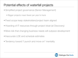 Potential effects of waterfall projects
• Simpliﬁed project governance (Senior Management)

  • Bigger projects mean fewer per year to track

• Fixed scope keep stakeholders/project team aligned

• Hoarding of IT resources through project bloat (at Discovery)

• More risk that changing business needs will outpace development

• Inaccurate LOE and schedule estimates

• Tendency toward "Launch and move on" mentality
 