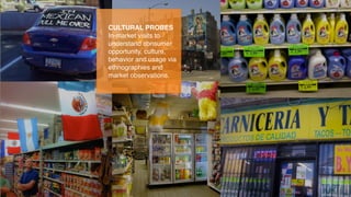 CULTURAL PROBES
In-market visits to
understand consumer
opportunity, culture,
behavior and usage via
ethnographies and
market observations.
 