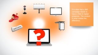 It is clear that a 360
    campaign needs to
    have a Web & digital
    presence. The content
    is what makes the
    difference.




?
 