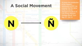 To honor the contribution
                    of the Hispanic
A Social Movement   community to NYC, we
                    propose that the name
                    of the N Line be
                    changed annually to Ñ
                    Line during Hispanic
                    Heritage Month, from
                    Sep 15 - Oct 15.




N              Ñ
 