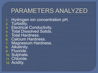 1. Hydrogen ion concentration pH.
2. Turbidity.
3. Electrical Conductivity.
4. Total Dissolved Solids.
5. Total Hardness.
6. Calcium Hardness.
7. Magnesium Hardness.
8. Alkalinity.
9. Fluoride.
10. Sulphate.
11. Chloride.
12. Acidity.
 