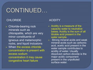 CHLORIDE ACIDITY
 Chloride-bearing rock
minerals such as
chlorapatite, which are very
minor constituents of
igneous and metamorphic
rocks, and liquid inclusions
 When the excess chloride
concentration is present with
excess sodium
concentration it may cause
congestive heart failure
 Acidity is a measure of the
capacity water to neutralize
bases. Acidity is the sum of all
titrable acid present in the
water sample.
 Strong mineral acids and weak
mineral acids such as carbonic
acid, acetic acid present in the
water sample contributes to
acidity of water. Usually
dissolved carbon-dioxide is the
major acidic component
present in the unpolluted
surface water.
 