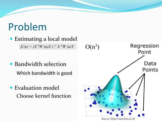 Problem
 Estimating a local model
 Bandwidth selection
 Evaluation model
Choose kernel function
βˆ(u) = (X TW (u)X )−1 X TW (u)Y
Source: http://rose.bris.ac.uk
O(n3)
Which bandwidth is good
 