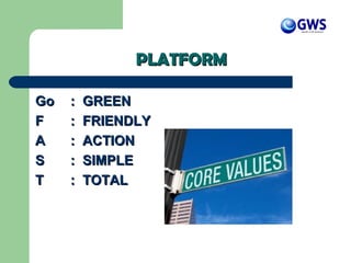 PLATFORMPLATFORM
GoGo : GREEN: GREEN
FF : FRIENDLY: FRIENDLY
AA : ACTION: ACTION
SS : SIMPLE: SIMPLE
TT : TOTAL: TOTAL
 
