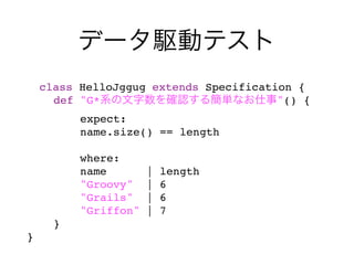 class HelloJggug extends Specification {
    def "G*                           "() {
        expect:
        name.size() == length

                where:
                name        |   length
                "Groovy"    |   6
                "Grails"    |   6
                "Griffon"   |   7
        }
}    
 